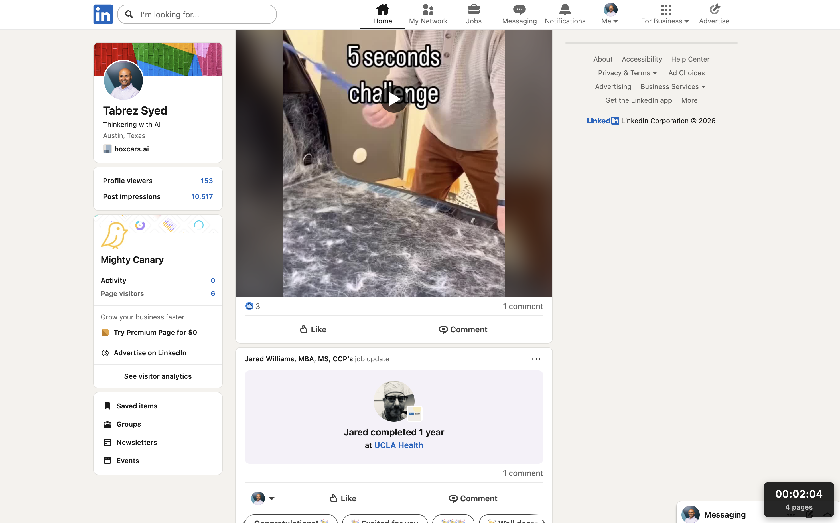 LinkedIn feed with a small dark counter pill in the bottom-right showing 00:02:04 and 4 pages