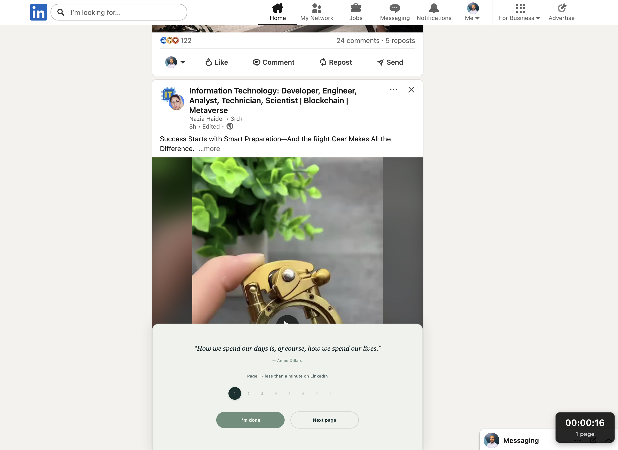 A quiet pause card at the bottom of the LinkedIn feed asking whether to load more or walk away