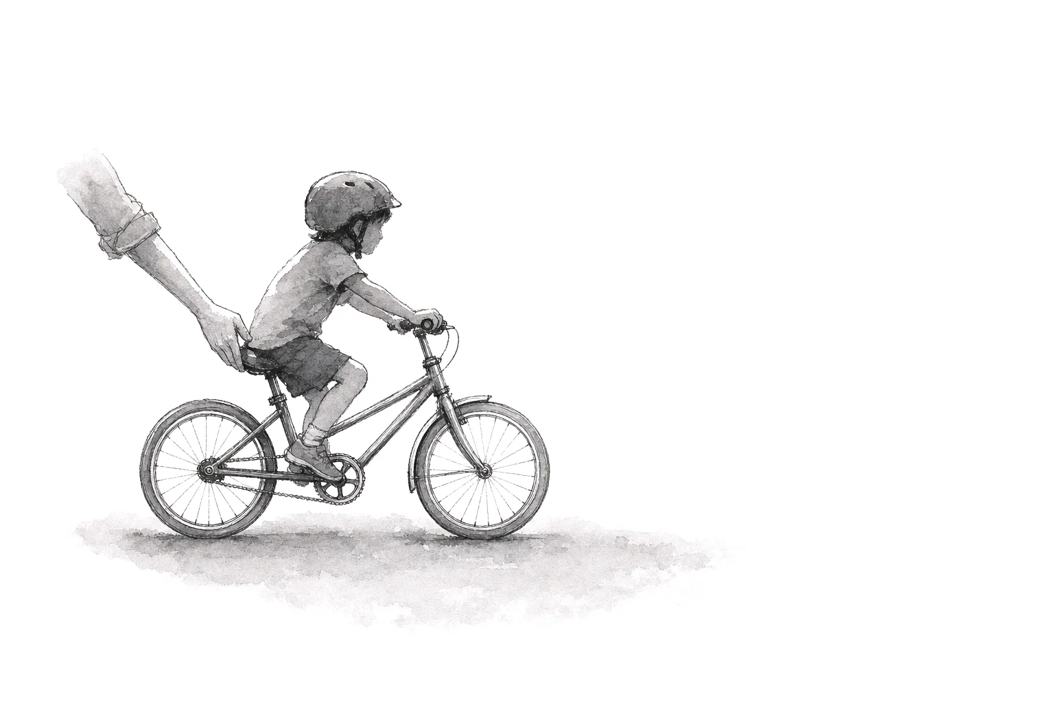 Ink illustration of an adult hand steadying a child on a bicycle