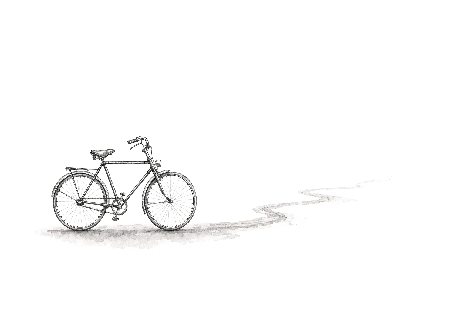 Ink illustration of a bicycle leaving a long wavering track behind it
